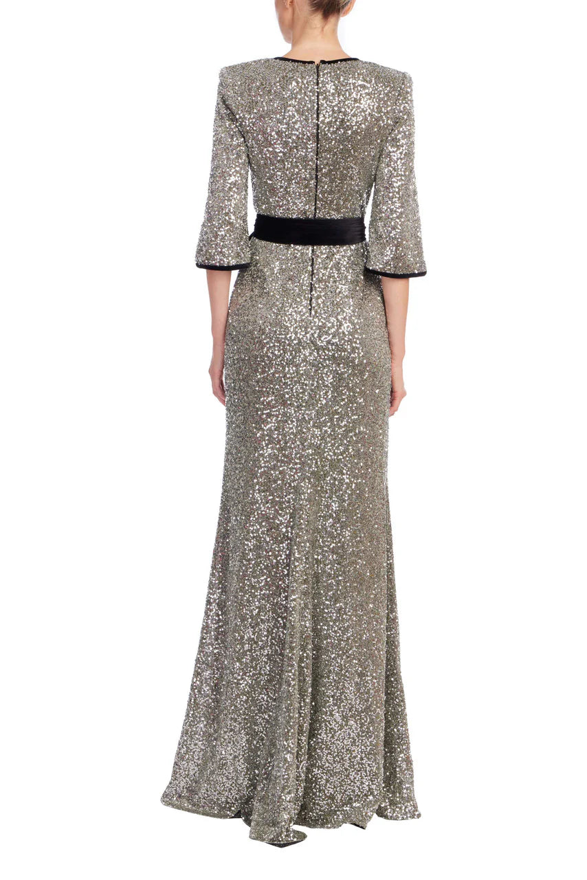 Badgley Mischka Sequined & Velvet Sash V-Neck Gown EG4584B