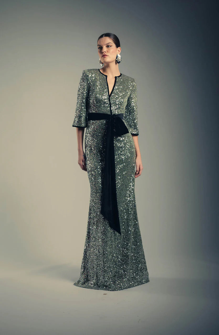 Badgley Mischka Sequined & Velvet Sash V-Neck Gown EG4584B