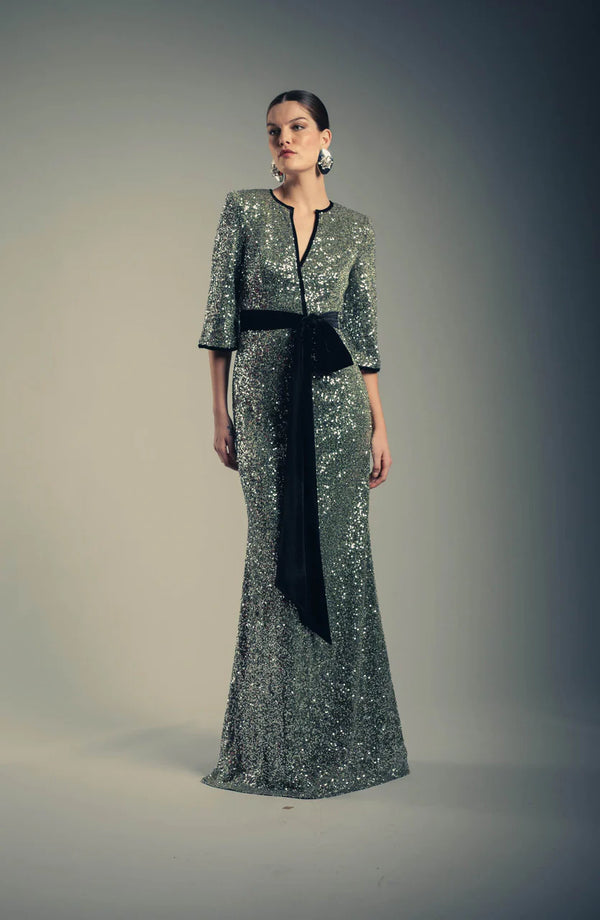 Badgley Mischka Sequined & Velvet Sash V-Neck Gown EG4584B