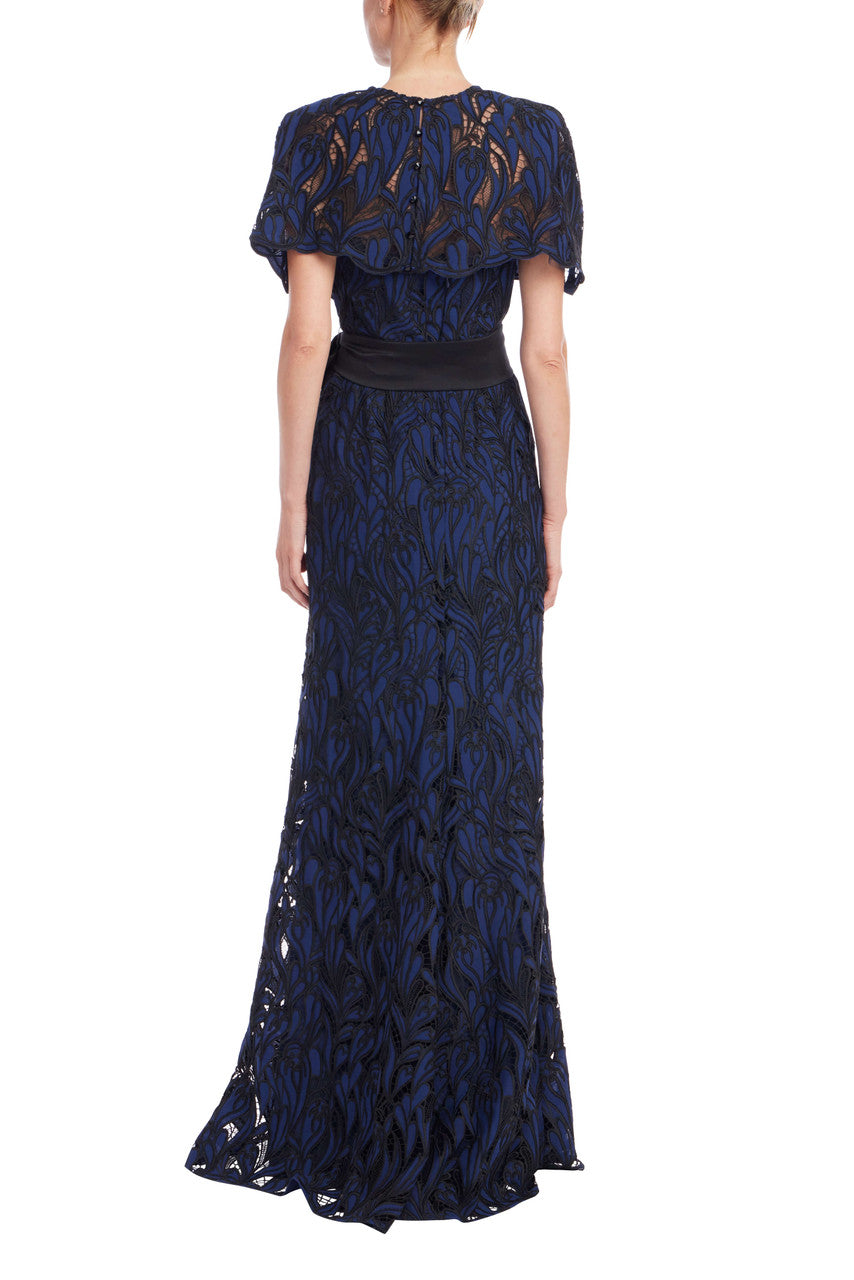 Navy Black Jewel-Neck Floor-Length Lace Formal Capelet Gown Badgley Mischka EG4637
