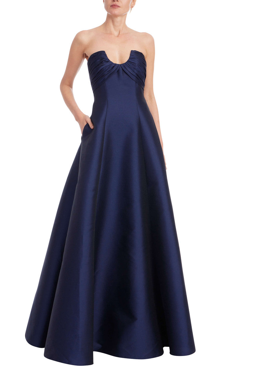 Navy Badgley Mischka EG4661 Sweetheart Long Satin Prom Gown Side Pockets