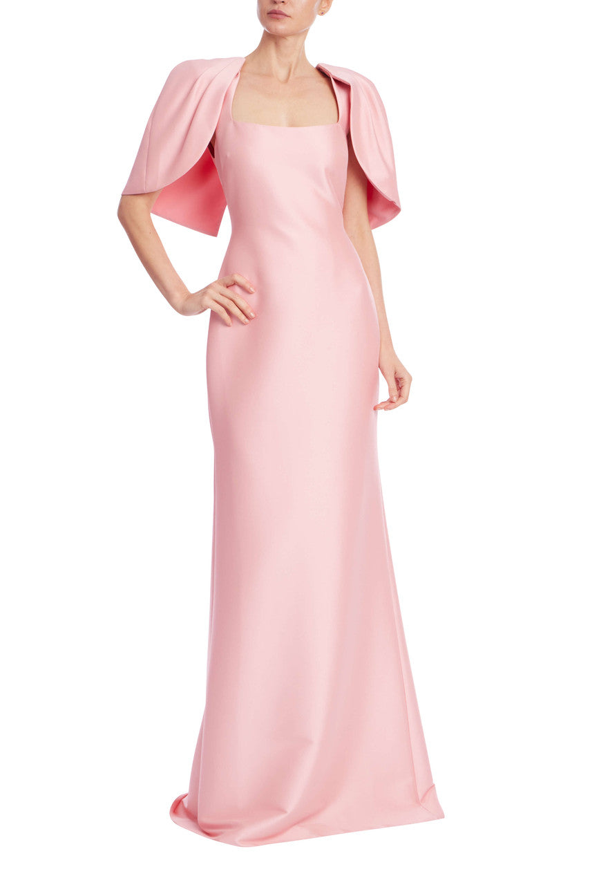 badgley mischka pink dress Square-Neck Floor-Length Mikado Formal Cape Sleeve Column Gown Badgley Mischka EG4666