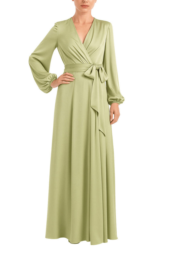 Badgley Mischka Satin Faux-Wrap Long Sleeve Gown EG5144