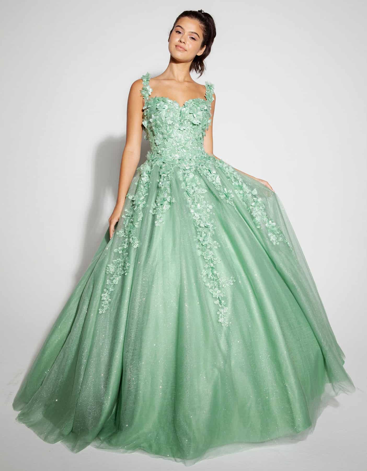 Quinceniera Dresses Long Formal Ball Gown 3D Floral Applique Quinceanera Dress Eureka Fashion EK1004 Sage