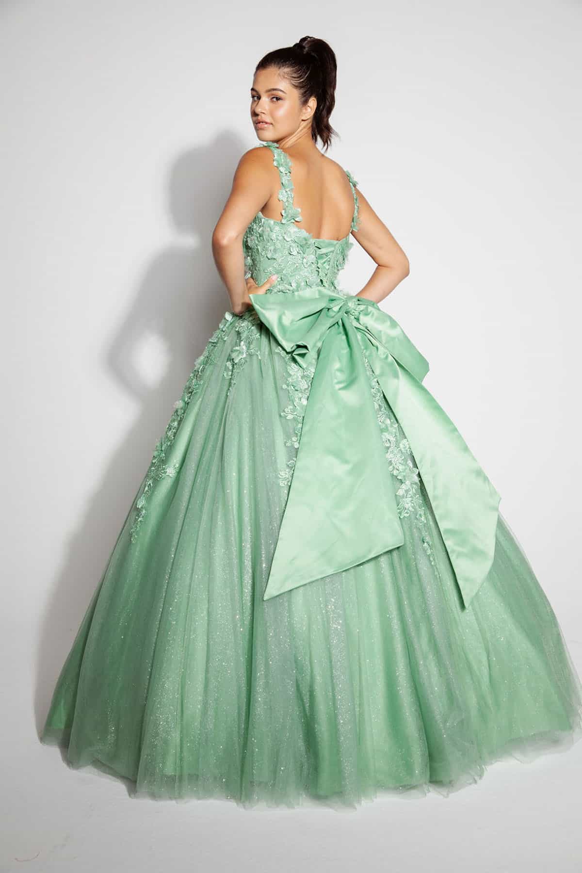 Quinceniera Dresses Long Formal Ball Gown 3D Floral Applique Quinceanera Dress Eureka Fashion EK1004 Sage