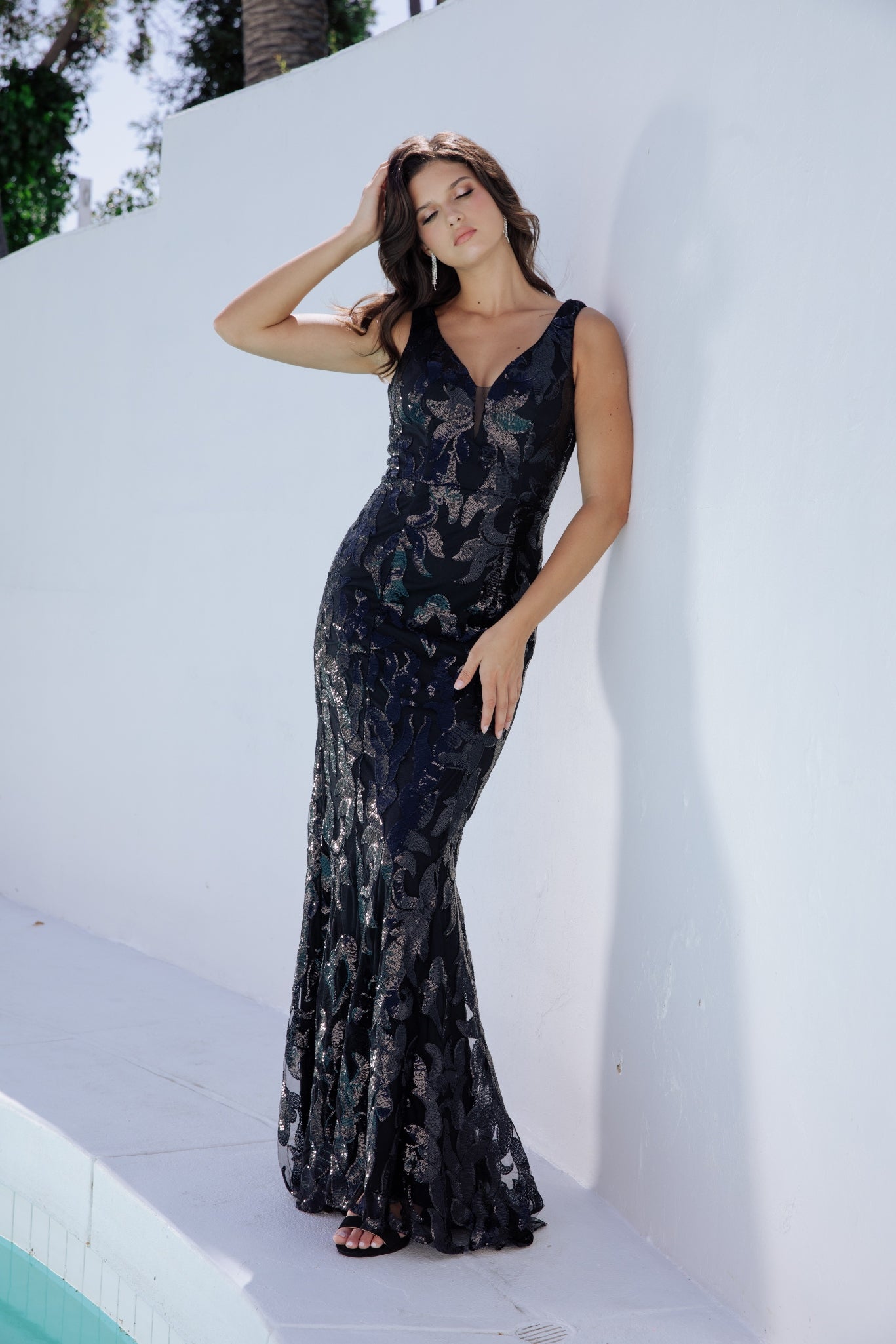 Prom Dresses Fitted Long Formal Sequin Print Prom Dress Eureka Fashion EK101 Black