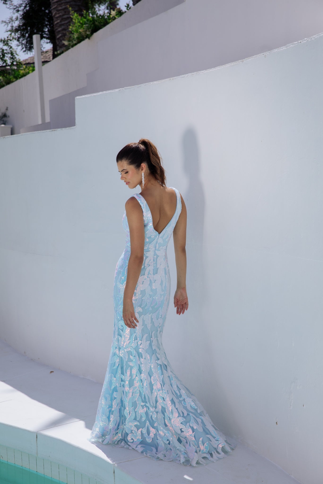 Prom Dresses Fitted Long Formal Sequin Print Prom Dress Eureka Fashion EK101 Ice Blue
