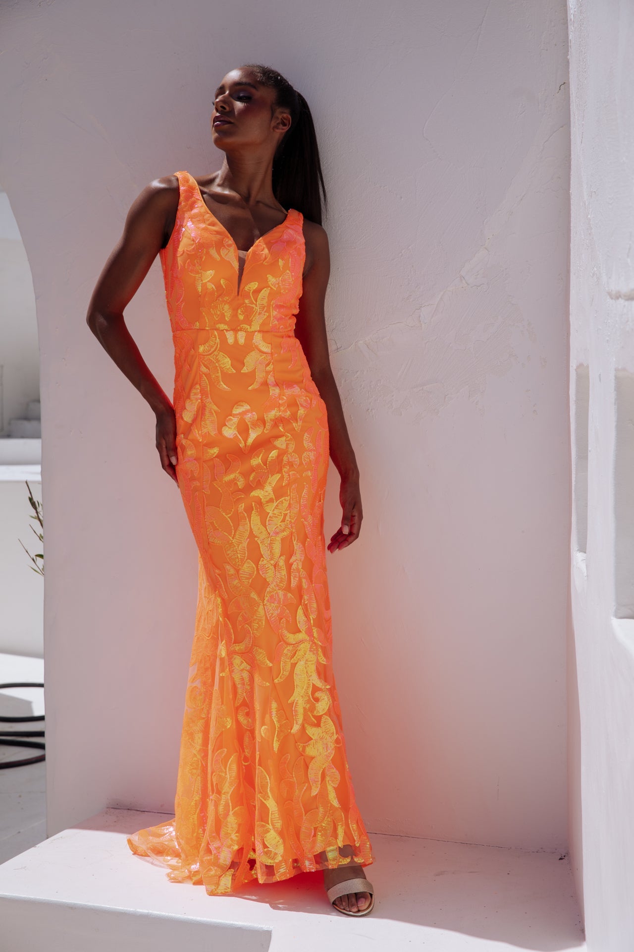 Prom Dresses Fitted Long Formal Sequin Print Prom Dress Eureka Fashion EK101 Orange