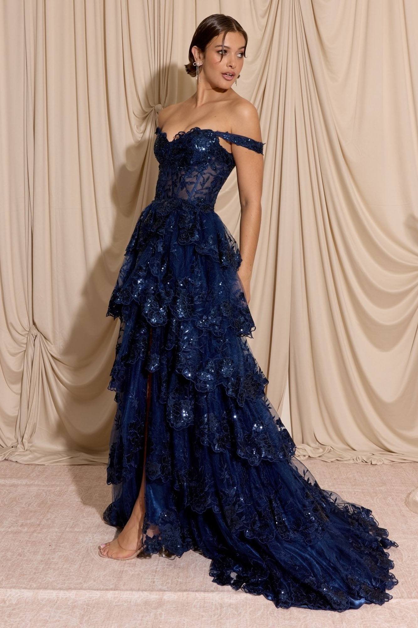 Prom Dresses Ruffle Long Formal Slit Beaded Sequin A Line Corset Prom Dress Eureka Fashion EK102 Navy