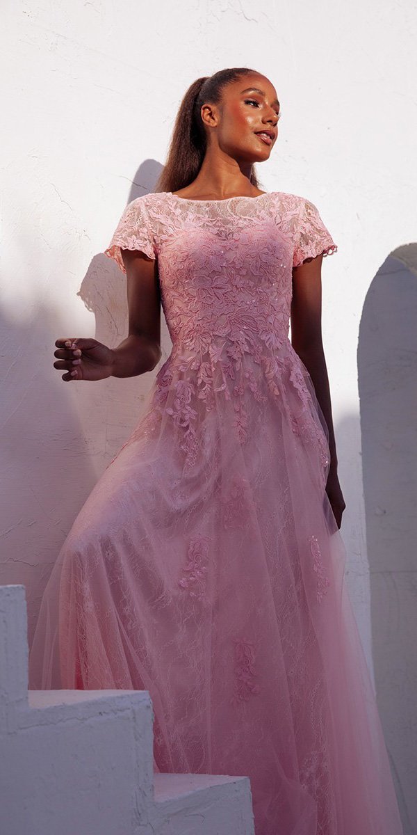 Formal Dresses A Line Long Lace Applique Formal Dress Eureka Fashion EK104 Blush