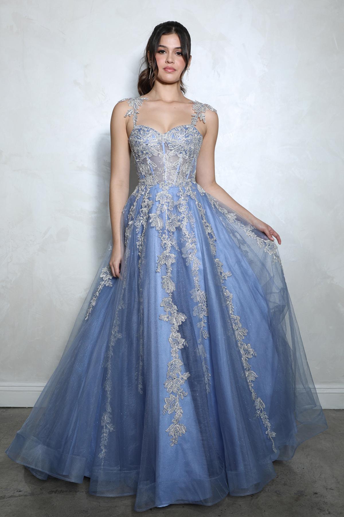 Prom Dresses A Line Beaded Lace Long Formal Prom Dress Eureka Fashion EK115 Dusty Blue/Silver
