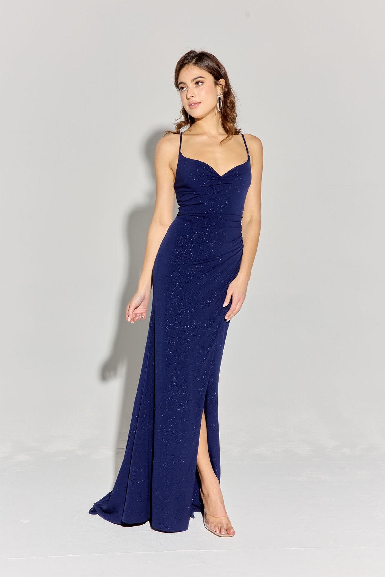 Prom Dresses Fitted Slit Long Formal Glitter Prom Dress Eureka Fashion EK116 Navy