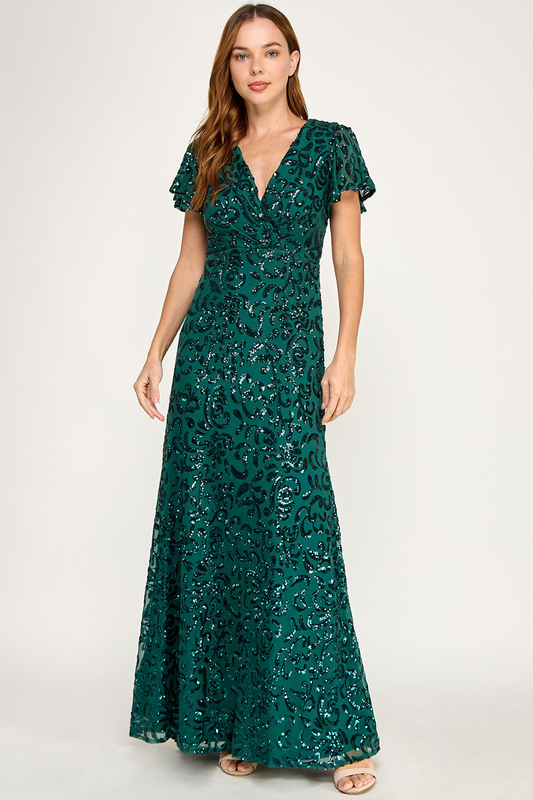 V-Neck Floor-Length Sequin Evening Fit & Flare Lenovia 3124