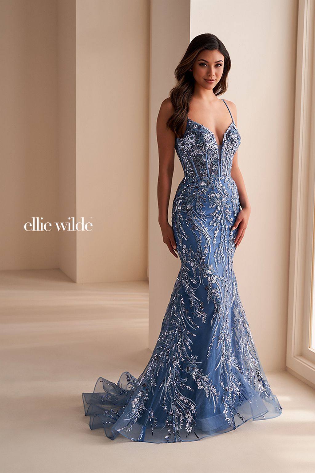 steel blue formal dress Ellie Wilde EW35039 Fitted Formal Glitter Prom Long Gown