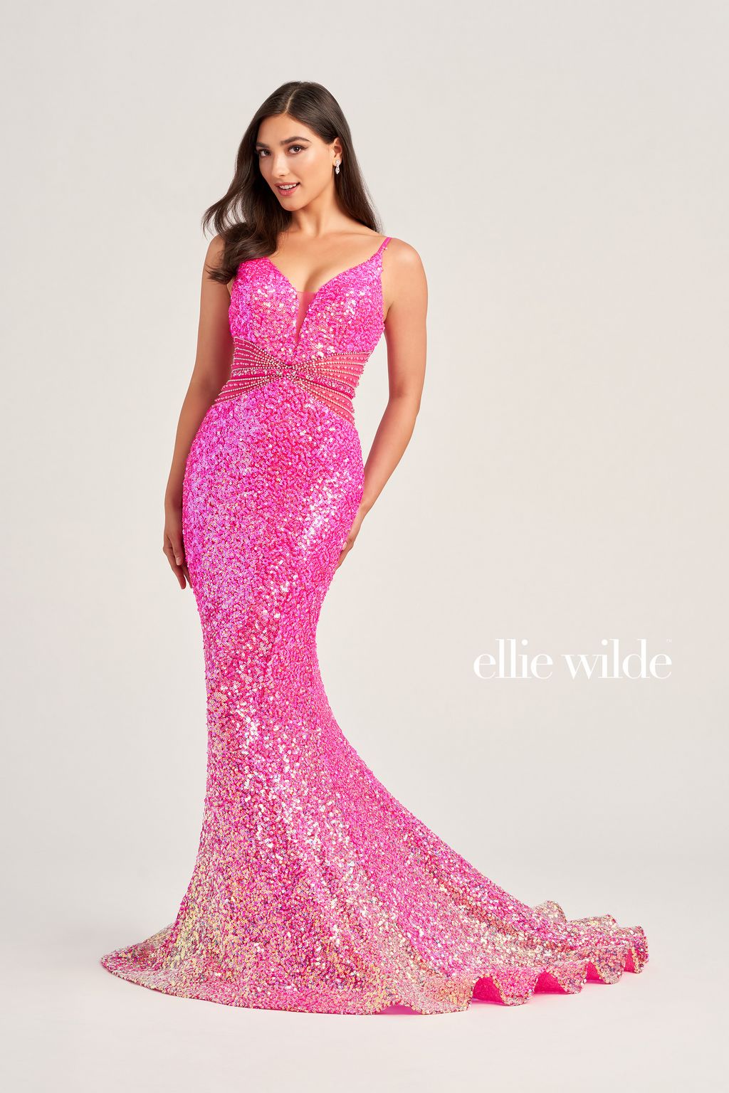 Ellie Wilde EW35044 Beaded Long Formal Fitted Sequin Prom Dress
