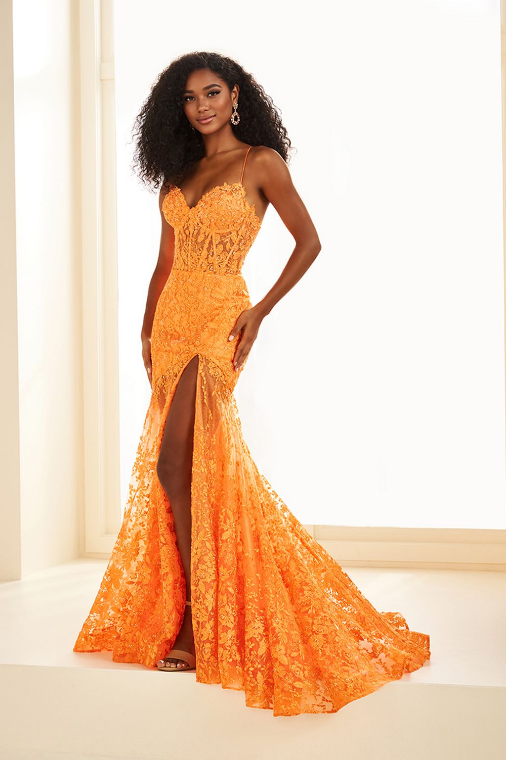 Prom Dresses Long Slit Glitter Lace Formal Fit Prom Dress Orange