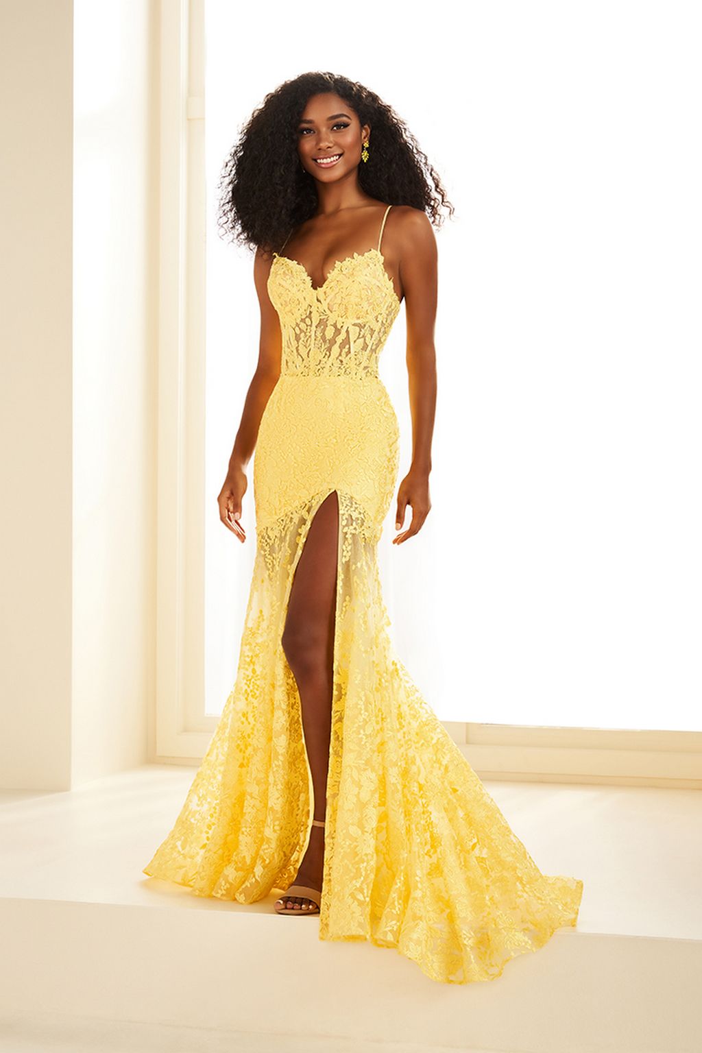 Prom Dresses Long Slit Glitter Lace Formal Fit Prom Dress Yellow