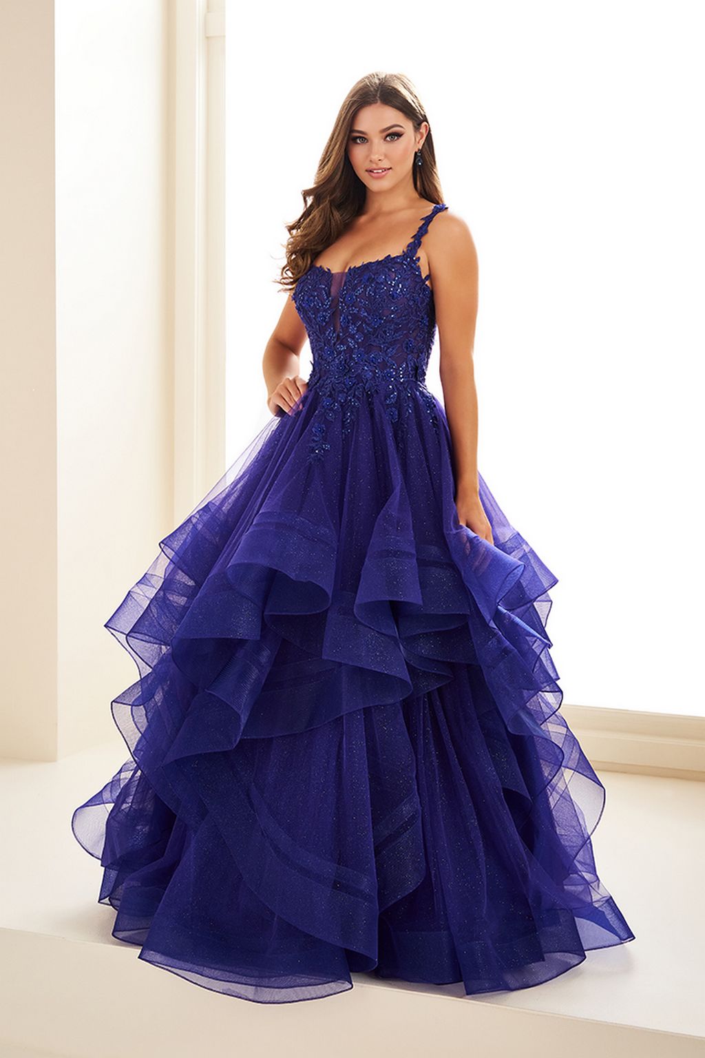 strapless open back dress Ellie Wilde EW36035 Long Glitter Ball Gown Formal Prom Dress
