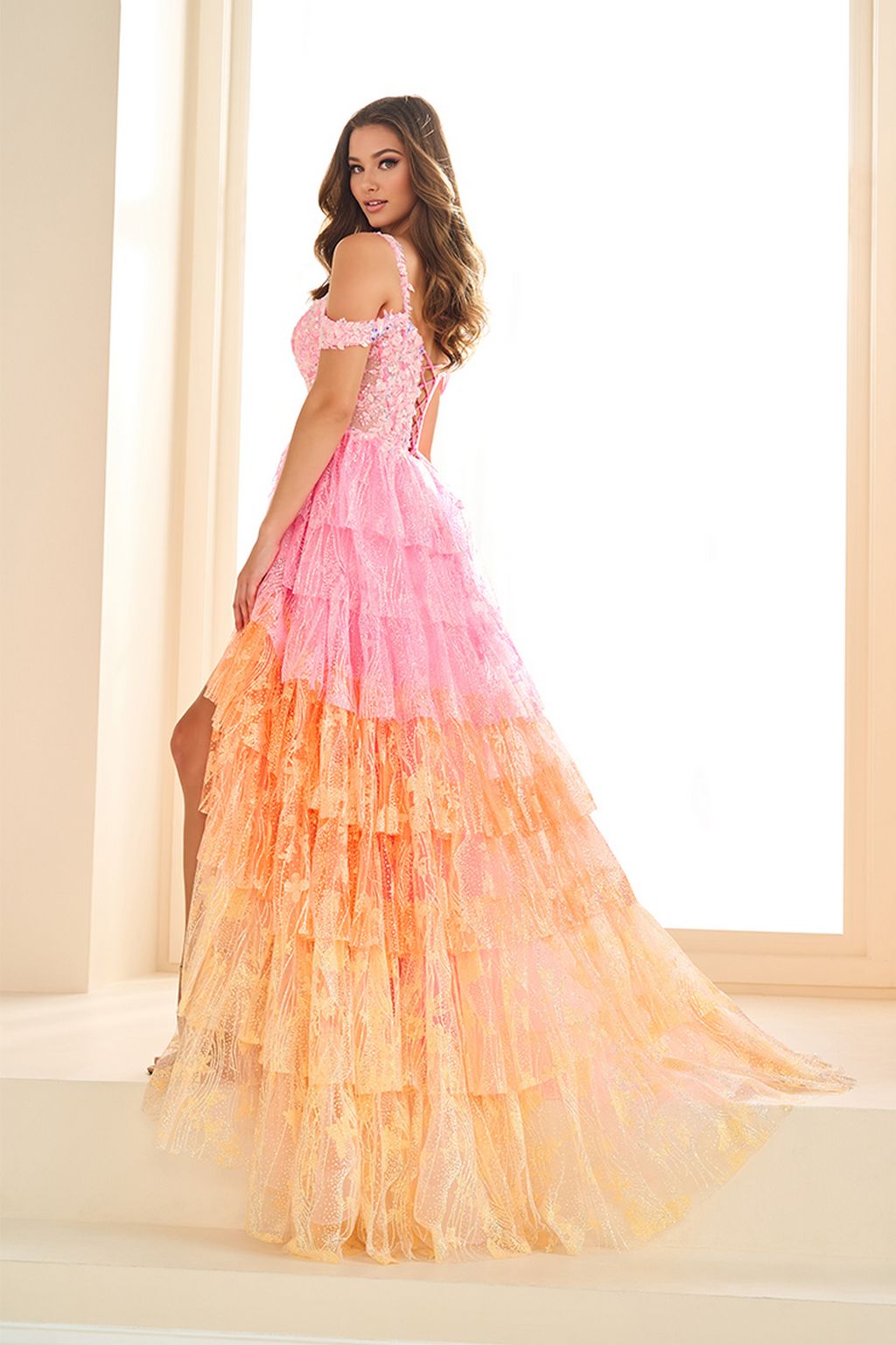 tropical prom dress Ellie Wilde EW36037 A Line Long Formal Slit Prom Dress