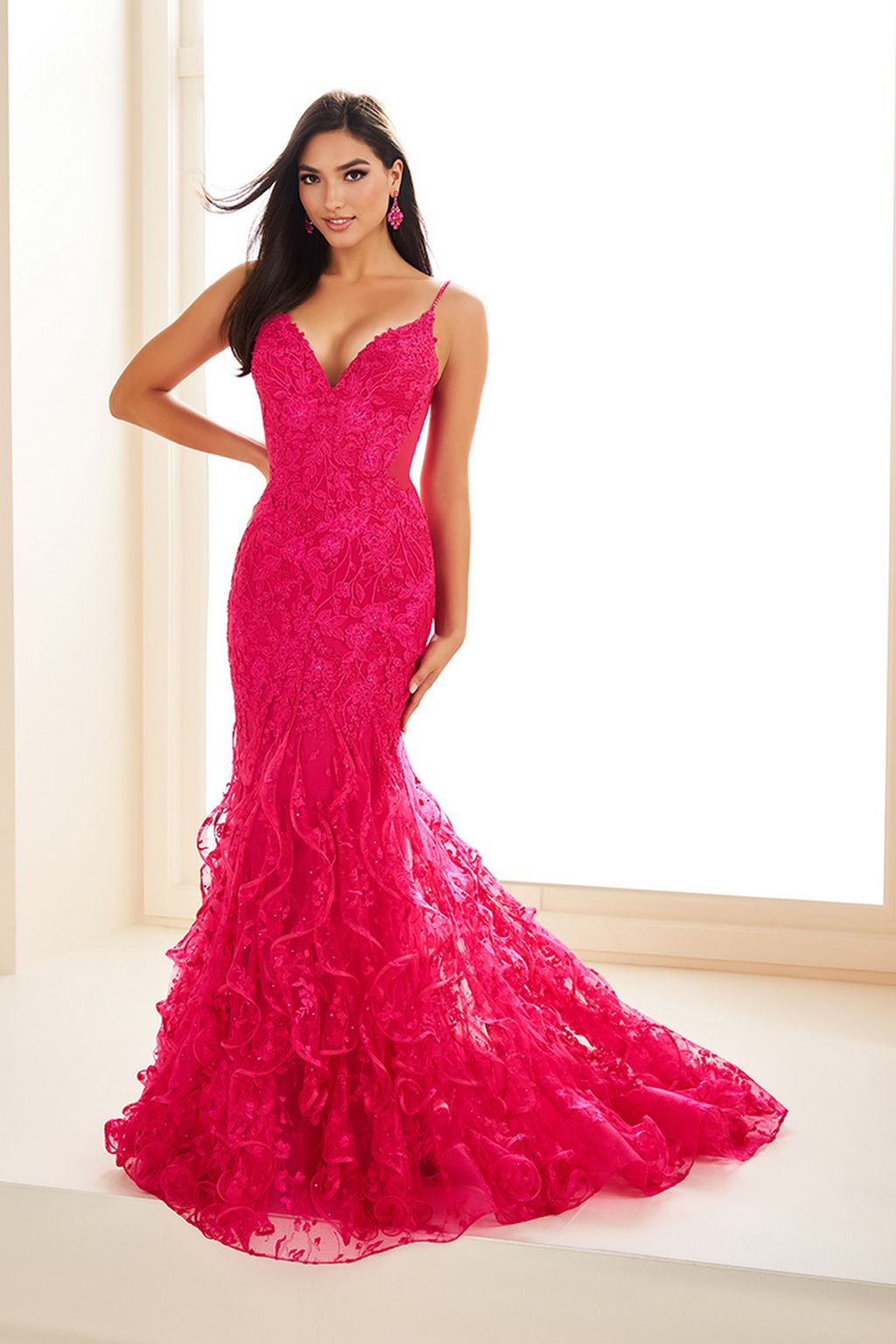 Prom Dresses Long Formal Ruffle Mermaid Lace Prom Dress Fuchsia