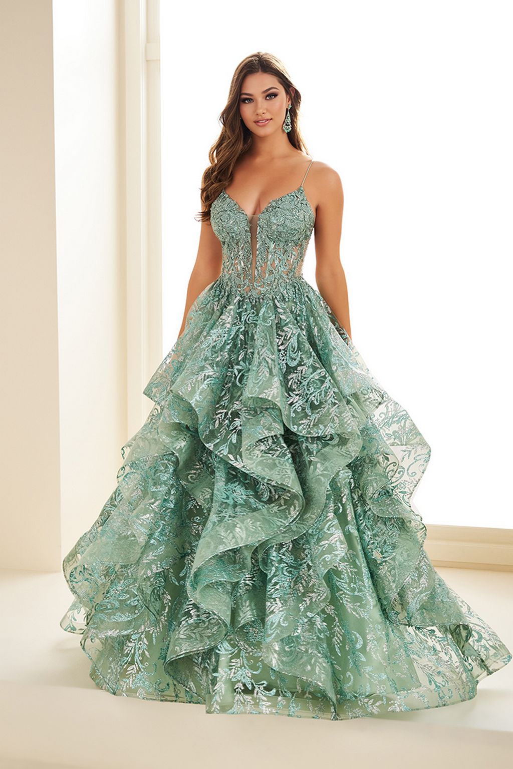 Ellie Wilde EW36054 Ruffle Long Ball Gown Lace Formal Prom Dress - Gold / 0 Ellie Wilde EW36054 Ruffle Long Ball Gown Lace Formal Prom Dress - Gold / 0