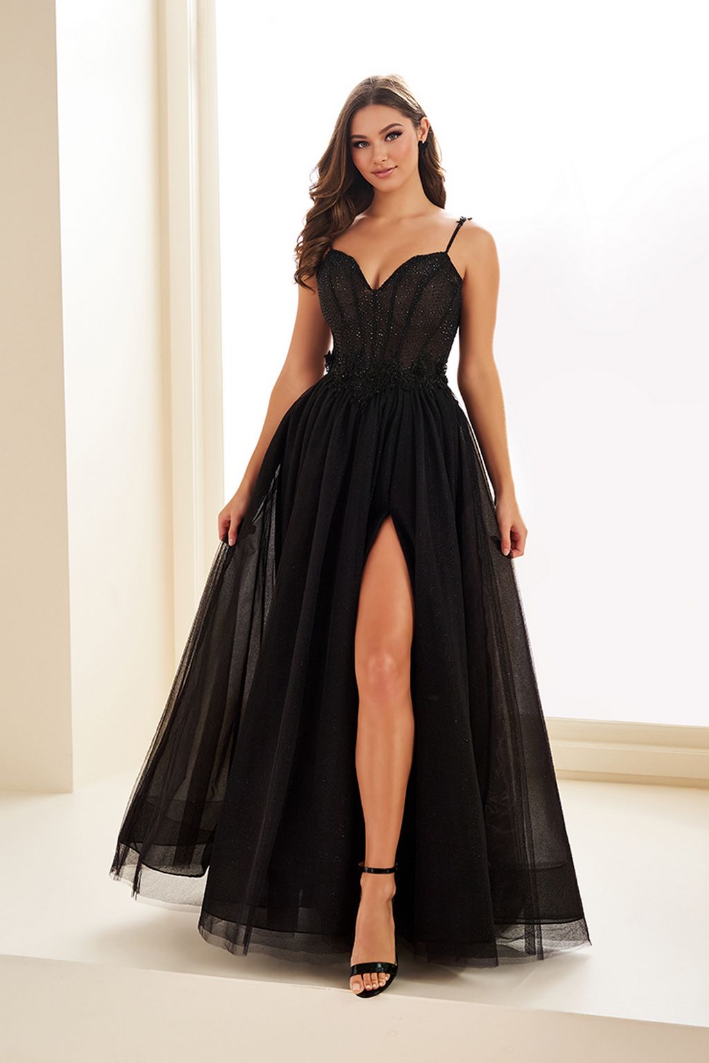 Ellie Wilde EW36058 A Line Slit Long Side Pocket Glitter Prom Dress