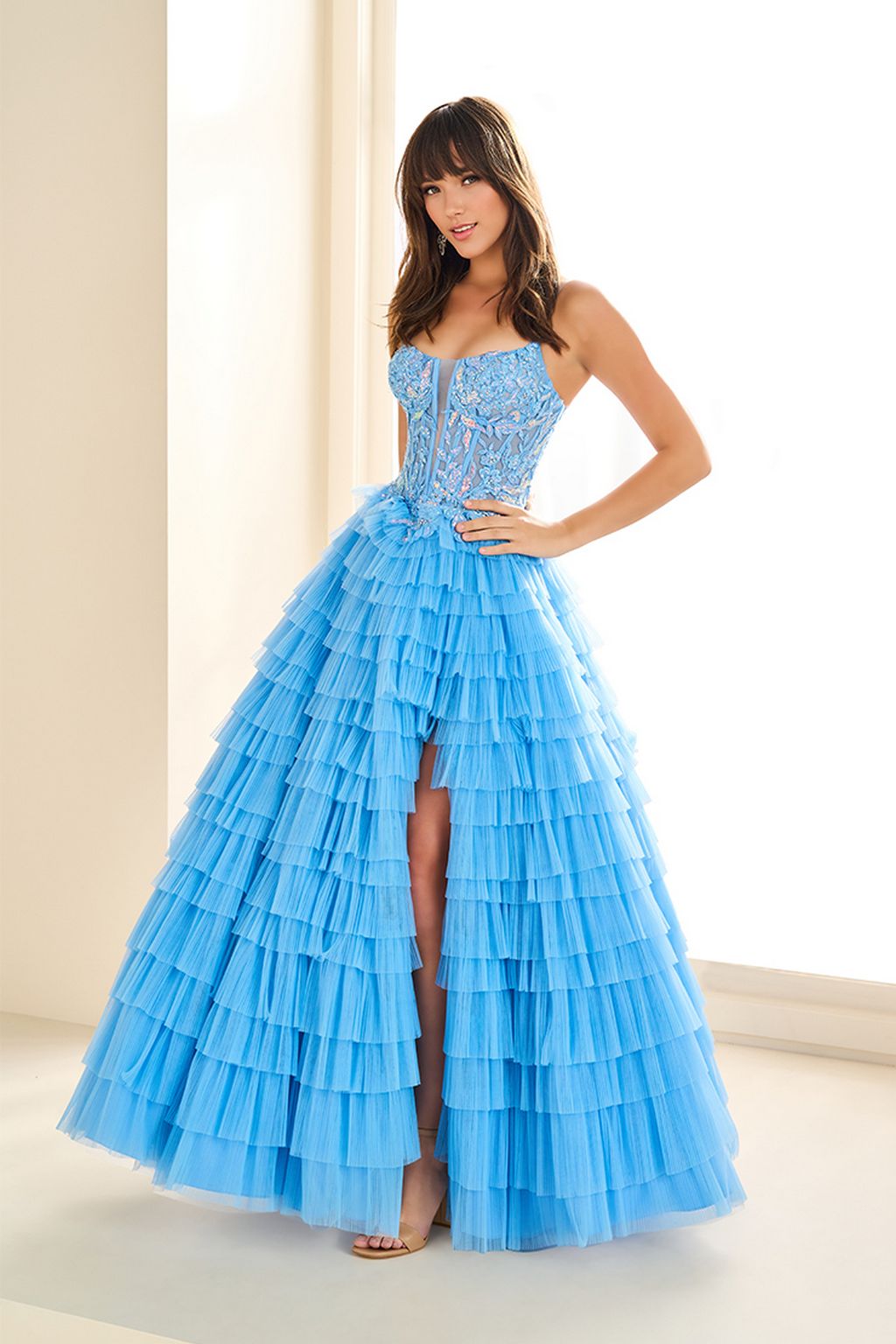Prom Dresses A Line Long Formal Ruffle Sequin Prom Dress Bluebell