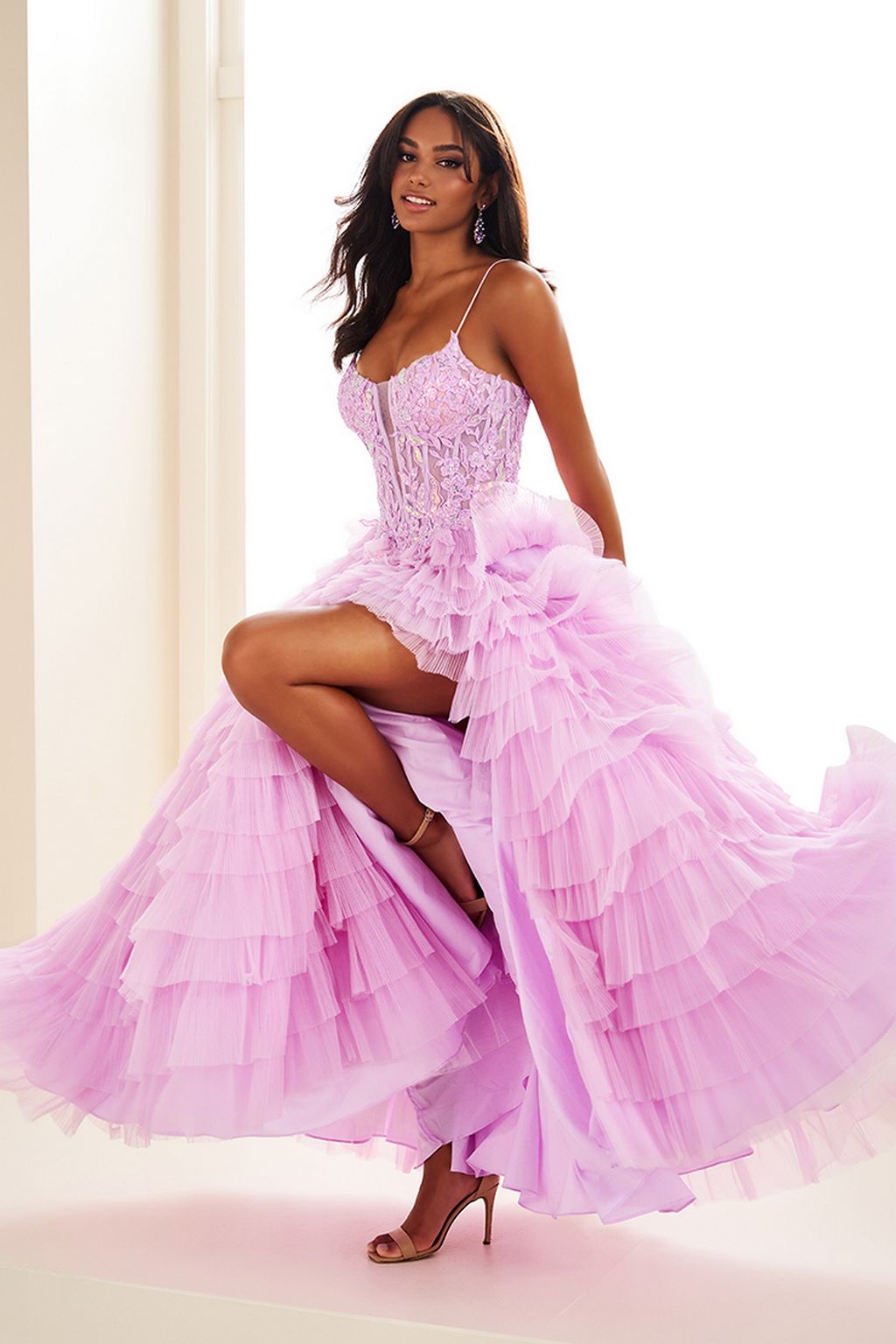 Ellie Wilde EW36086 A Line Long Formal Ruffle Sequin Prom Dress - Lilac / 12 Ellie Wilde EW36086 A Line Long Formal Ruffle Sequin Prom Dress - Lilac / 12