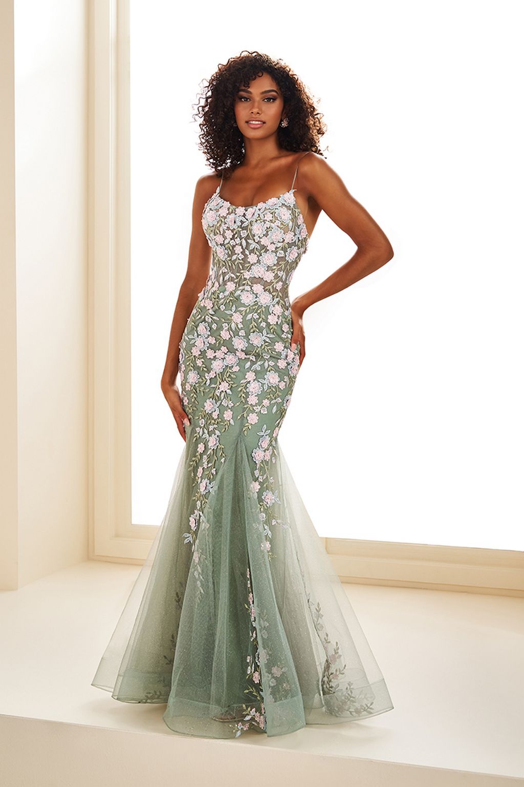 Prom Dresses Floral Sequin Long Formal Glitter Prom Dress Dk Sage/ Multi