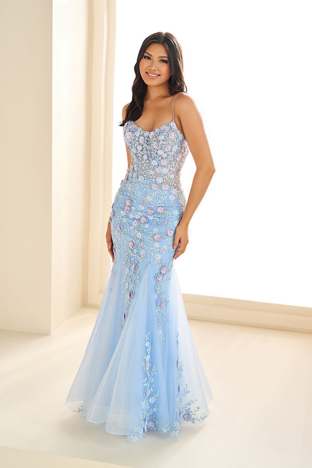 Prom Dresses Floral Sequin Long Formal Glitter Prom Dress Light Blue/Multi