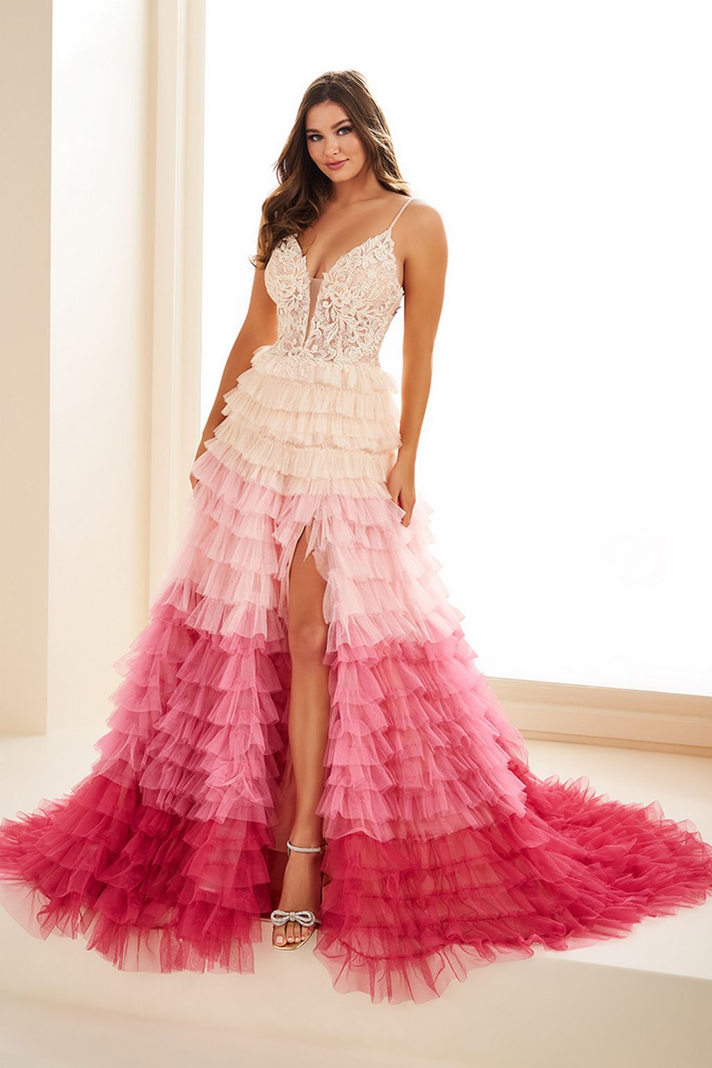 Ellie Wilde EW36097 Beaded Long Formal Layered A Line Prom Dress - Denim / 6 Ellie Wilde EW36097 Beaded Long Formal Layered A Line Prom Dress - Denim / 6