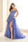 Prom Dresses Glitter Lace Long Formal A Line High Slit Prom Dress Dark Periwinkle