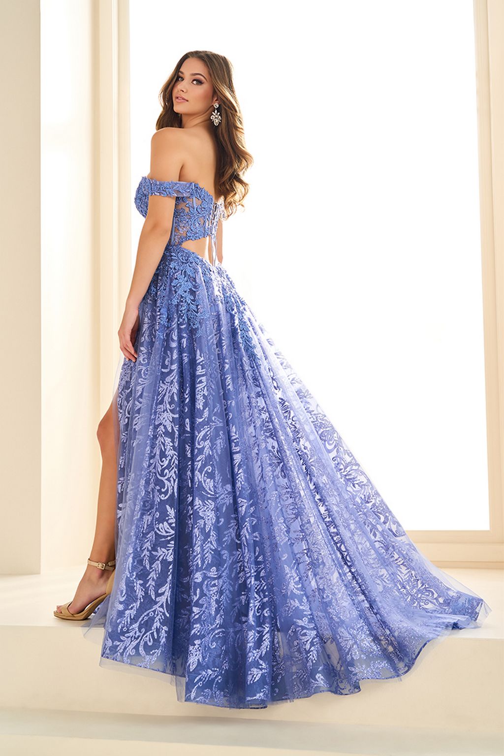 Ellie Wilde EW36209 Glitter Lace Long Formal A Line High Slit Prom Dress - Emerald / 24 Ellie Wilde EW36209 Glitter Lace Long Formal A Line High Slit Prom Dress - Emerald / 24