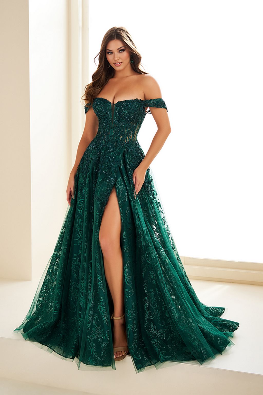 Prom Dresses Glitter Lace Long Formal A Line High Slit Prom Dress Emerald