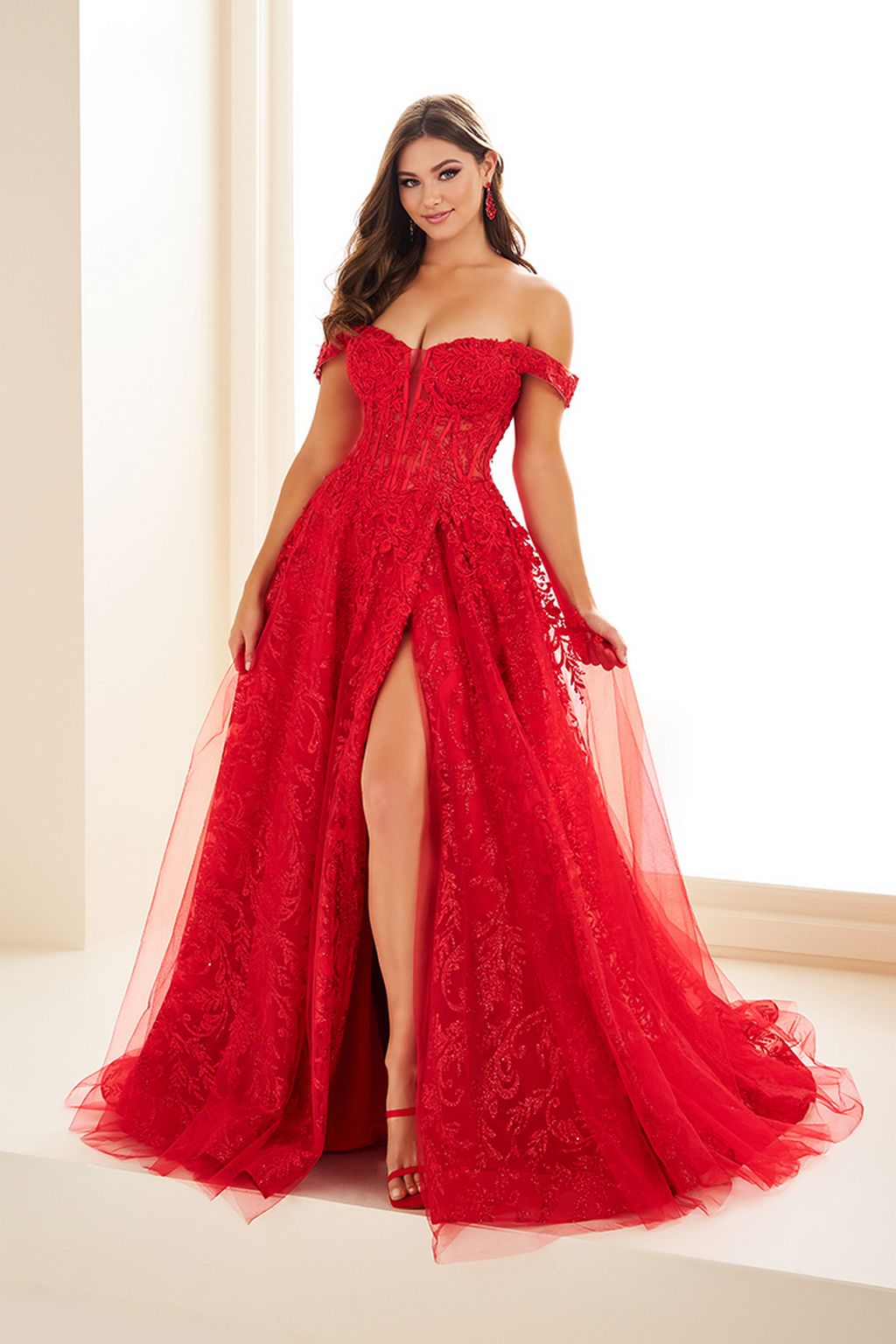 Prom Dresses Glitter Lace Long Formal A Line High Slit Prom Dress  Red
