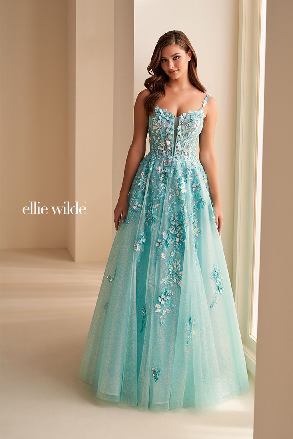 Ellie Wilde EW36213 A Line Long Formal Floral Corset Prom Dress
