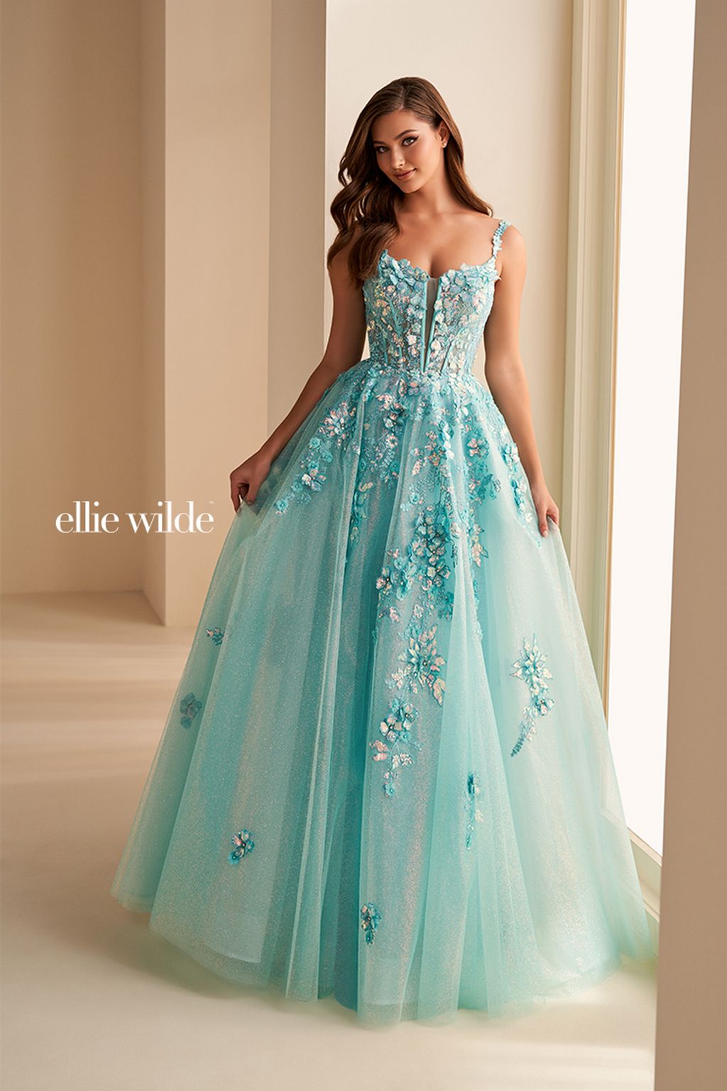 white christmas dresses Ellie Wilde EW36213 A Line Long Formal Floral Corset Prom Dress