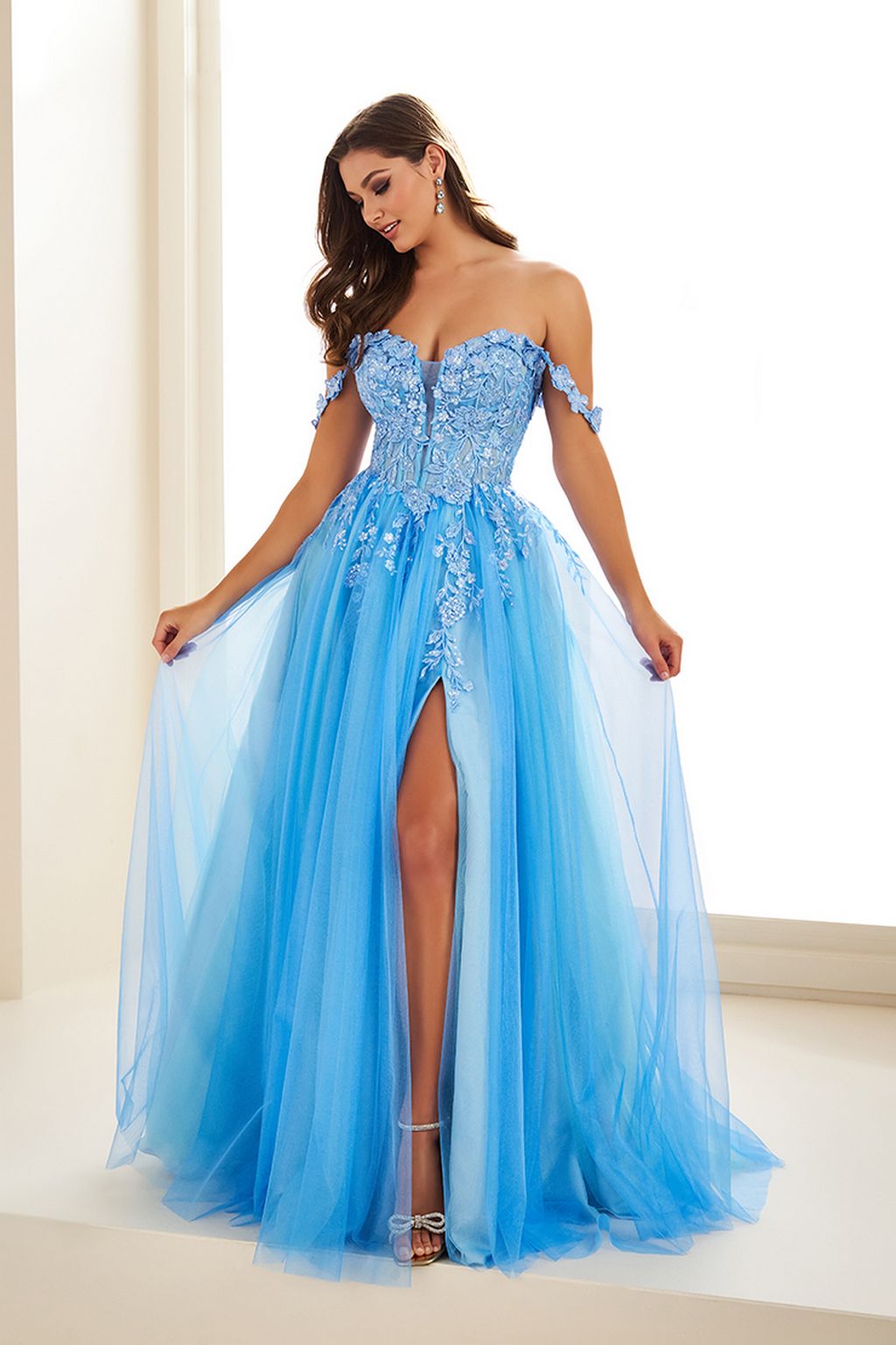 Ellie Wilde EW36214 Long Formal 3D Floral Applique A Line Prom Dress