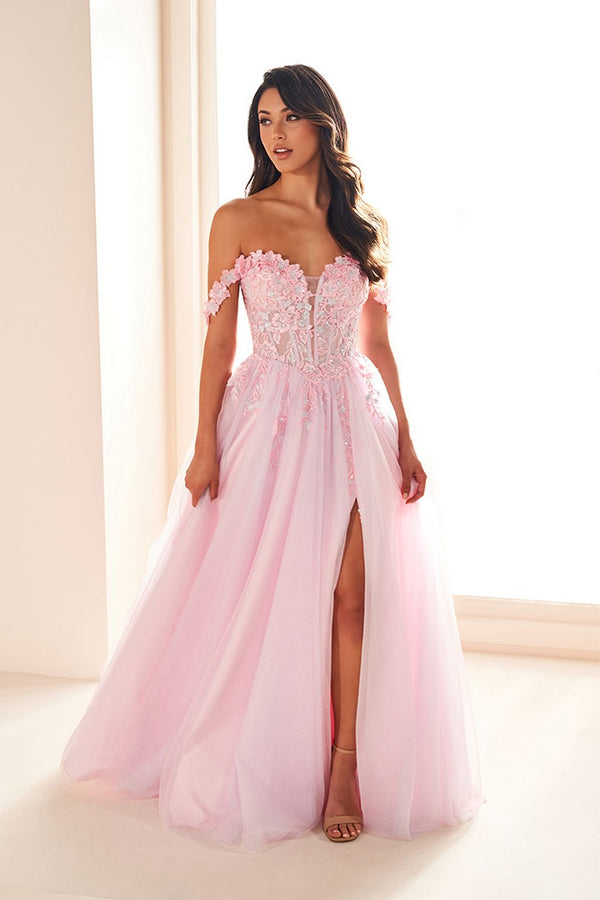 hippie prom dress Ellie Wilde EW36214 Long Formal 3D Floral Applique A Line Prom Dress