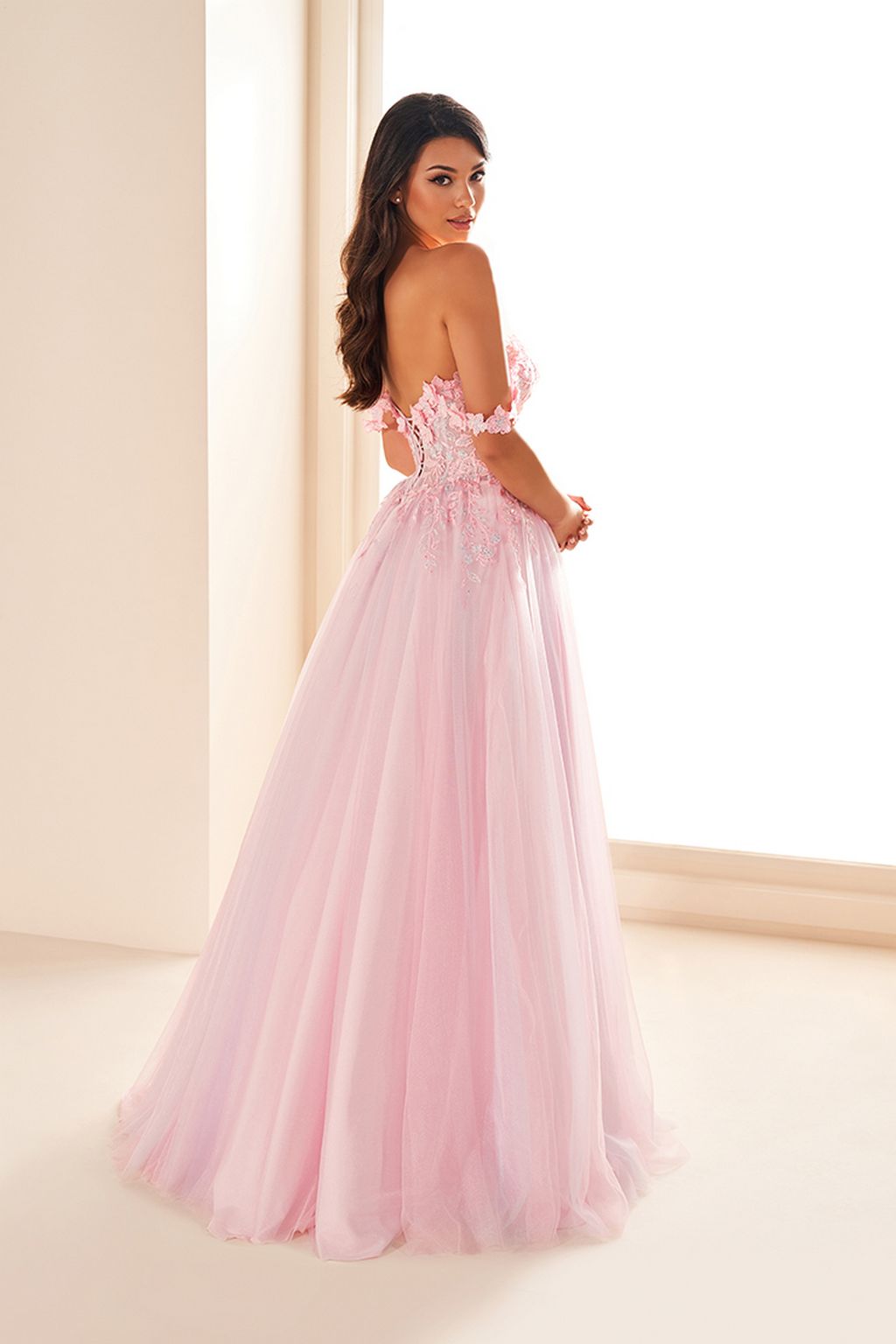 Ellie Wilde EW36214 Long Formal 3D Floral Applique A Line Prom Dress