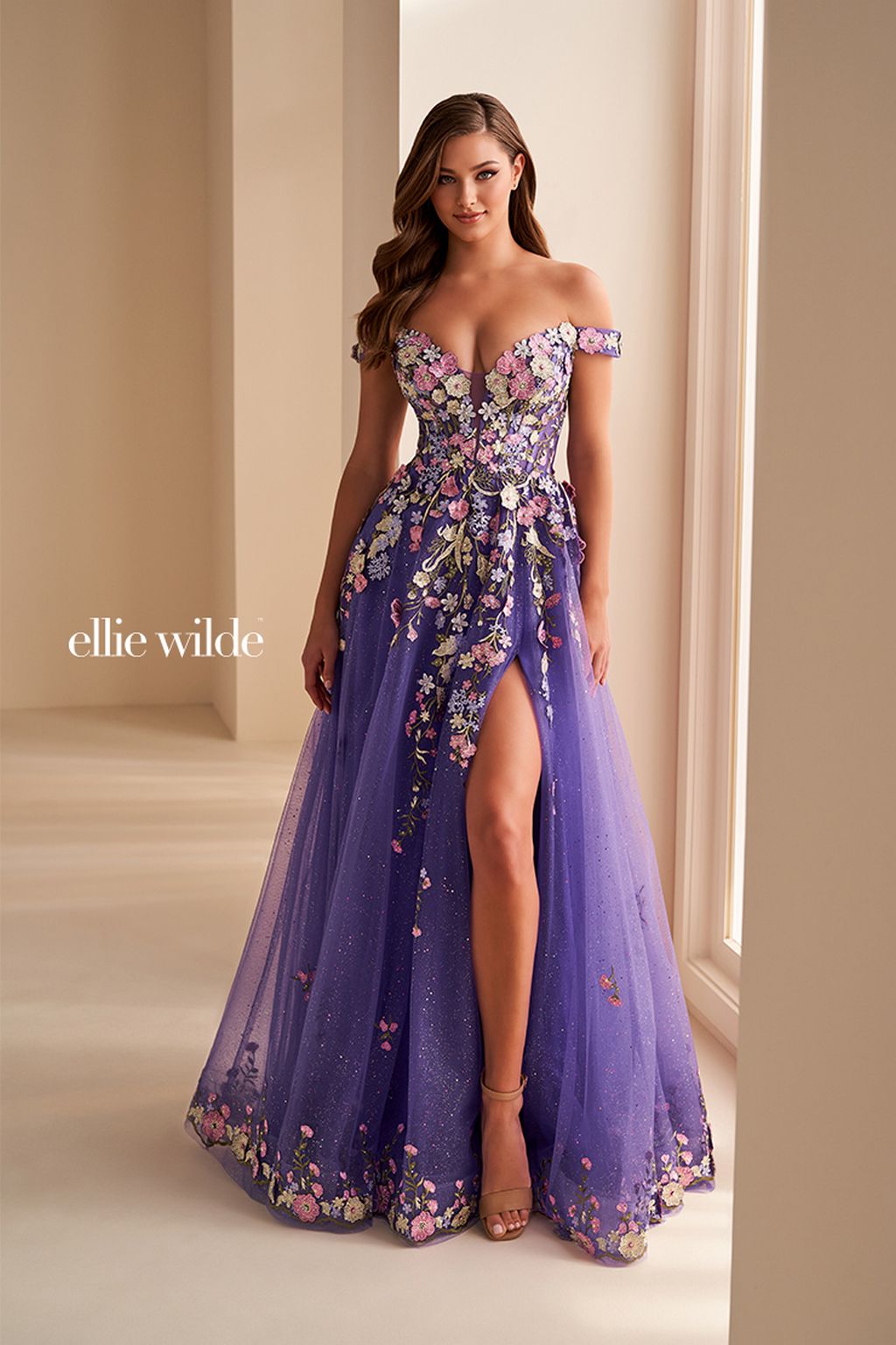 Ellie Wilde EW36215 A Line 3D Formal Long Corset Prom Dress