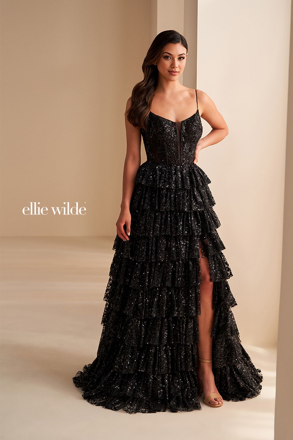 Ellie Wilde EW36216 Long A Line Formal Sequin Prom Dress