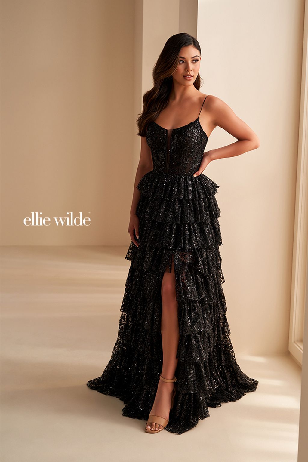 Ellie Wilde EW36216 Long A Line Formal Sequin Prom Dress