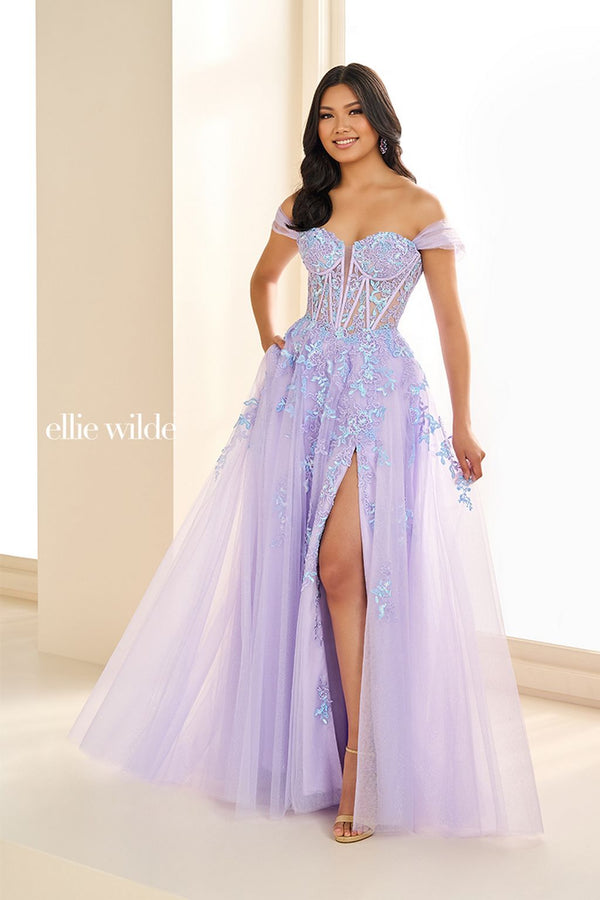 Ellie Wilde EW36217  Formal Glitter Long Ball Gown Corset Prom Dress