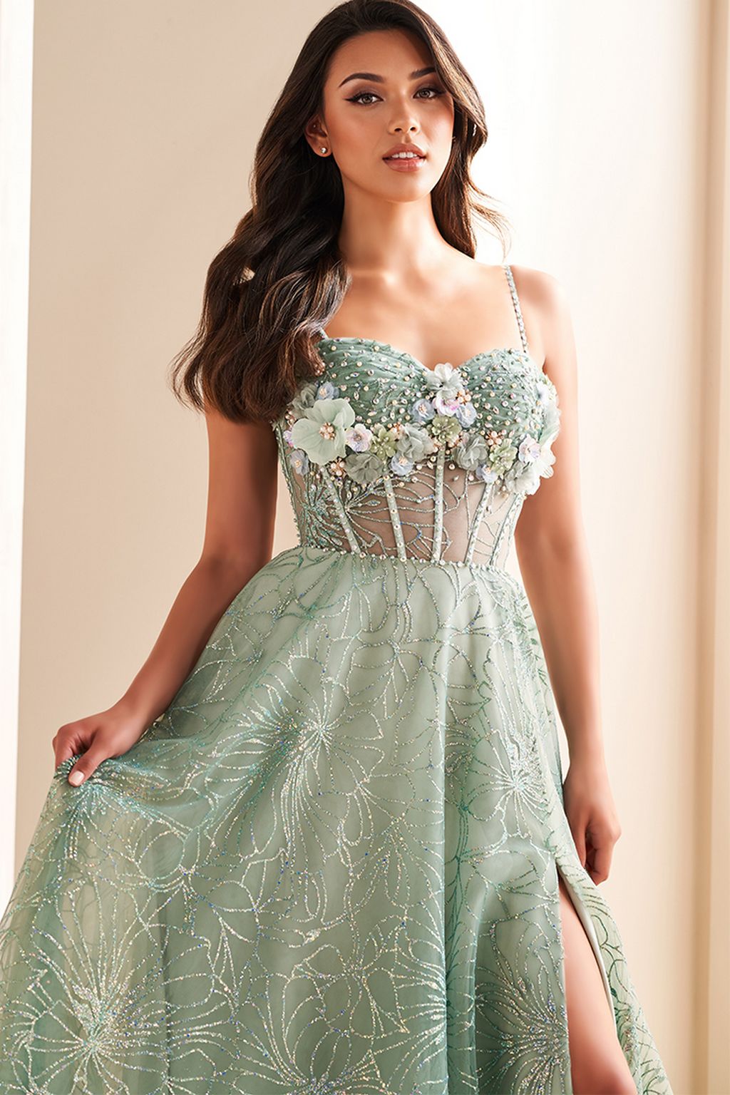 Prom Dresses A Line Long Formal Corset Prom Dress Sage/Multi
