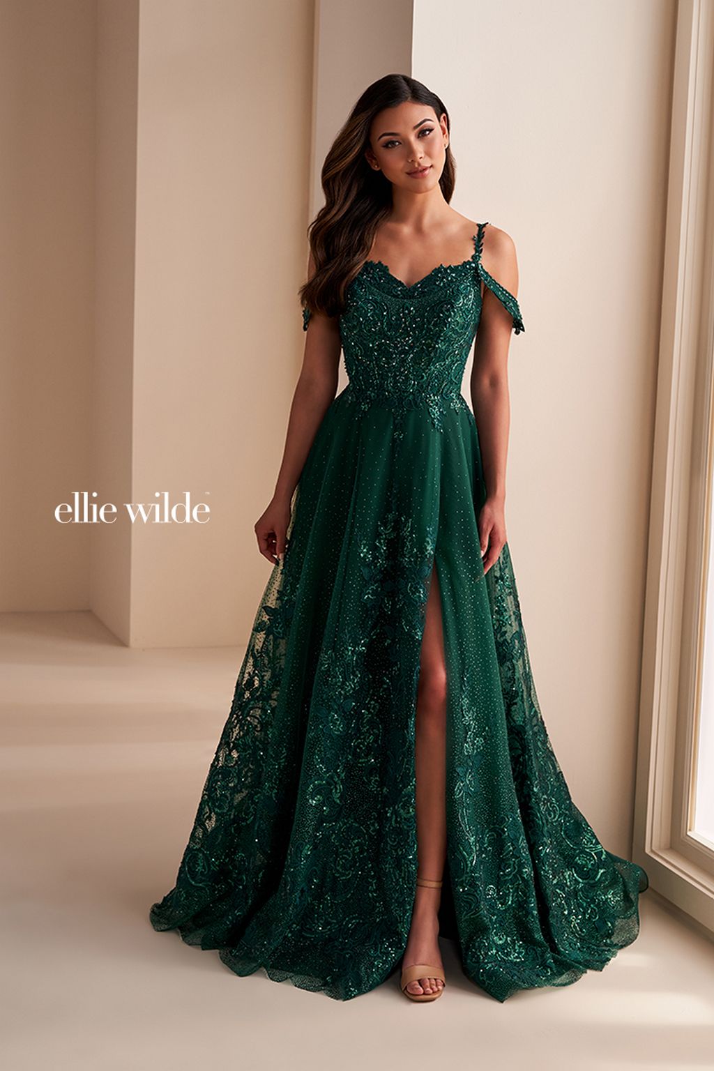 Ellie Wilde EW36220 Long Glitter Gown Formal A Line Evening Prom Dress - Emerald / 00
