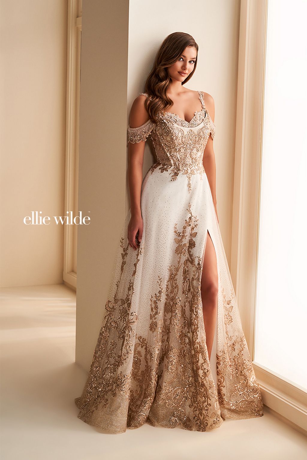 Prom Dresses Long Glitter Gown Formal A Line Evening Prom Dress Ivory/Gold