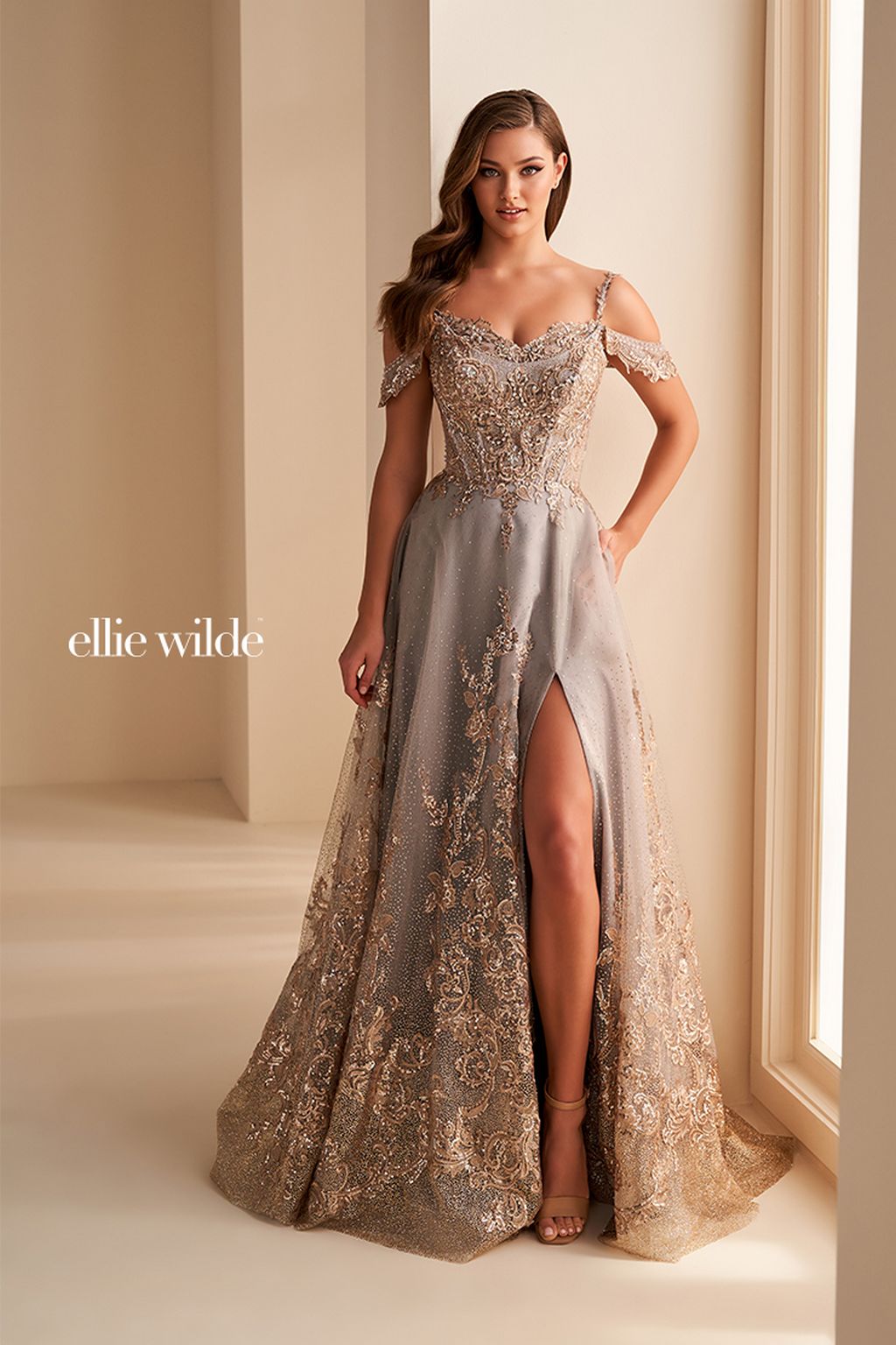 Ellie Wilde EW36220 Long Glitter Gown Formal A Line Evening Prom Dress