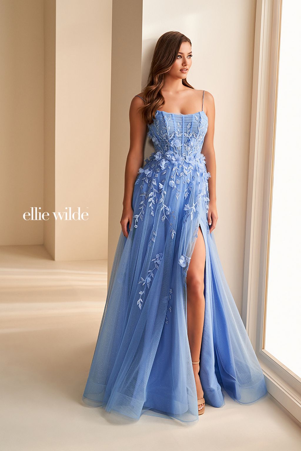 Ellie Wilde EW36222 Long Glitter Stone Accent Formal A Line Prom Dress - Bluebell / 26 Ellie Wilde EW36222 Long Glitter Stone Accent Formal A Line Prom Dress - Bluebell / 26