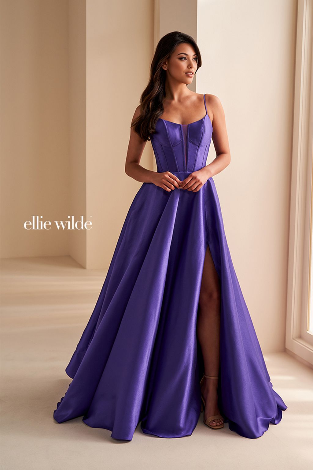 Purple Ellie Wilde EW36224 Prom Ball Gown Long Formal Slit Evening